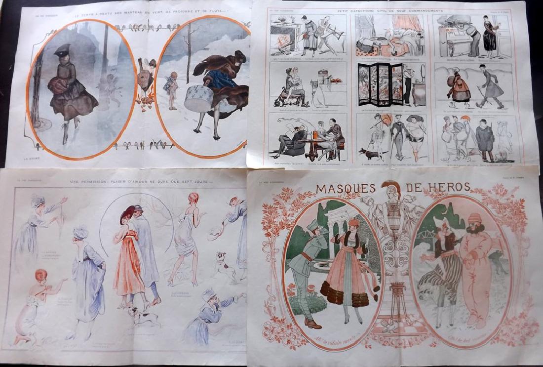 La Vie Parisienne C1920 Lot of 6 Art Deco Double Prints: Lithographs Published Paris, C1920 for "La Vie Parisienne" Illustrated by Lissac, Vallet, Valee, Prejelan, Georges Léonnec and others. Verso text, but none showing through front side. Minor staple ho