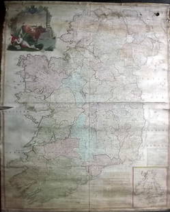 Ireland - Roque, John 1762 Large Rare Wall Map: "A Map of the Kingdom of Ireland Divided into Provinces, Counties and Baronies" Large Copper Engraved Map with original hand colour. Published 1762 by Robert Sayer. 4 Joined Sheets to form one large m