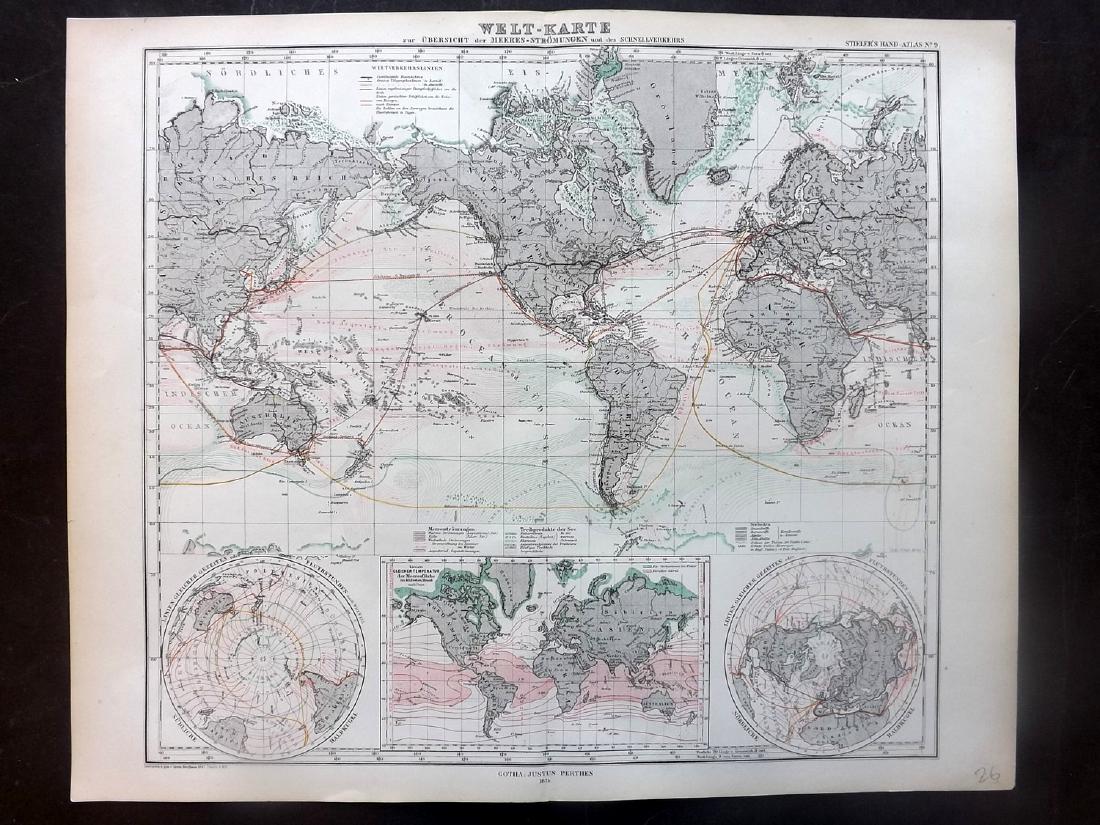 Stieler, Adolf 1874 Map of World, Tides & Currents (1 of 2)