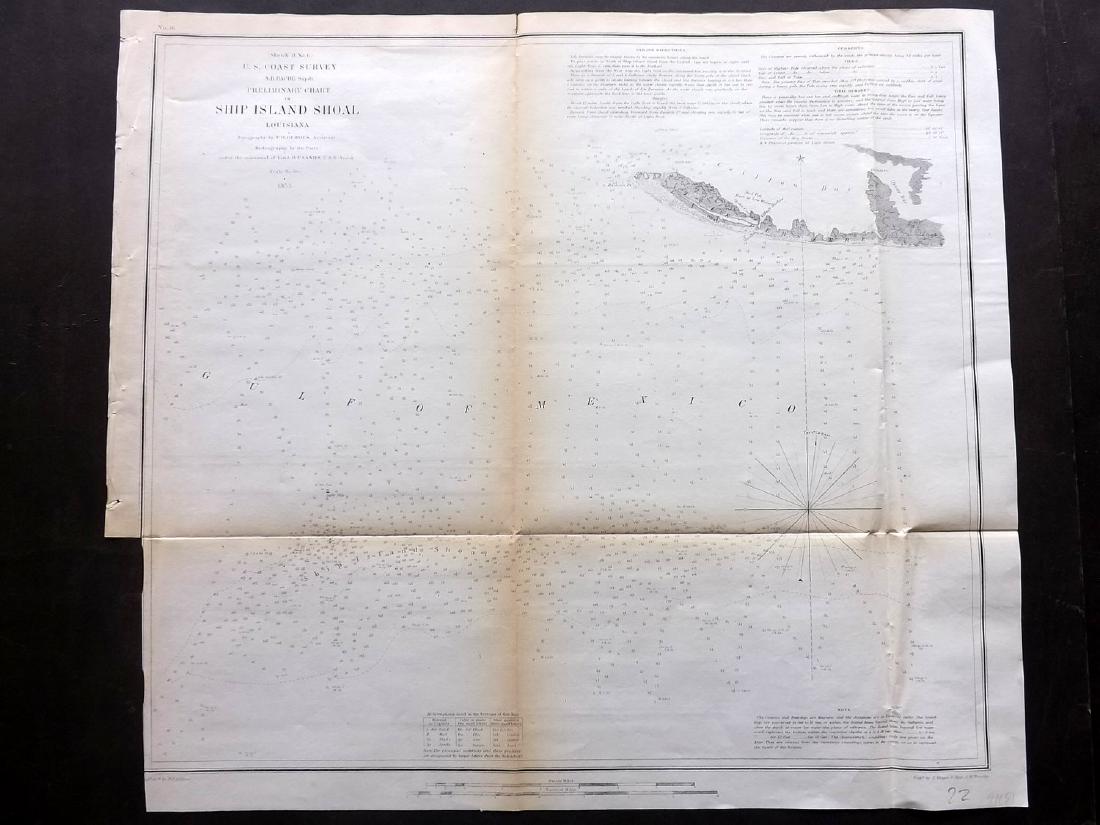 U.S Coast Survey 1853 Map. Ship Island Shoal, Louisiana: "Preliminary Chart of Ship Island Shoal Louisiana" Electrotype Map Published 1843-65, Washington for "Report of the Superintendent of the U.S. Coast Survey..." Published under the supervision and dire