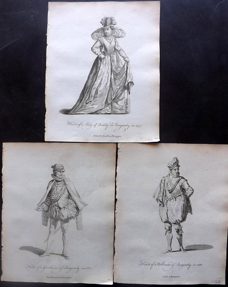 Jefferys, Thomas C1760 Lot of 3 French Costume Prints: Copper Plates Published 1757-72, London for "Collection of the Dresses of Different Nations, Antient and Modern" by Thomas Jefferys. Illustrated after Holbein, Van Dyck, Hollar and others. Paper Size:
