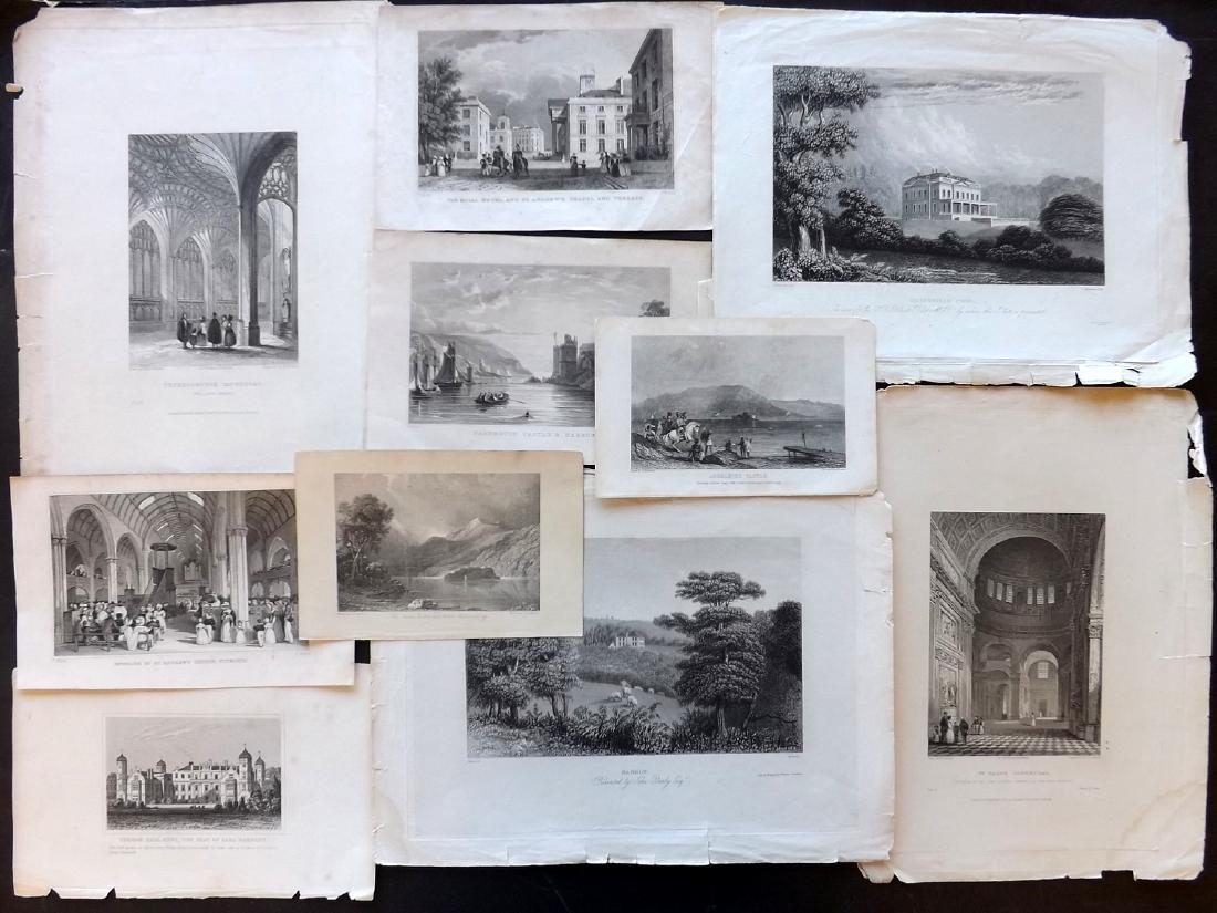 British Views 19th Century Lot of 10 Steel Engravings: Steel Engravings. Incl Kent, Plymouth, Scotland, Dartmouth, London, Peterborough etc. Examples by Allom, Dugdale, Winkles, and others. Paper Size: Up to 12 x 9.5 inch (30 x 24cm) A few margin faults, 