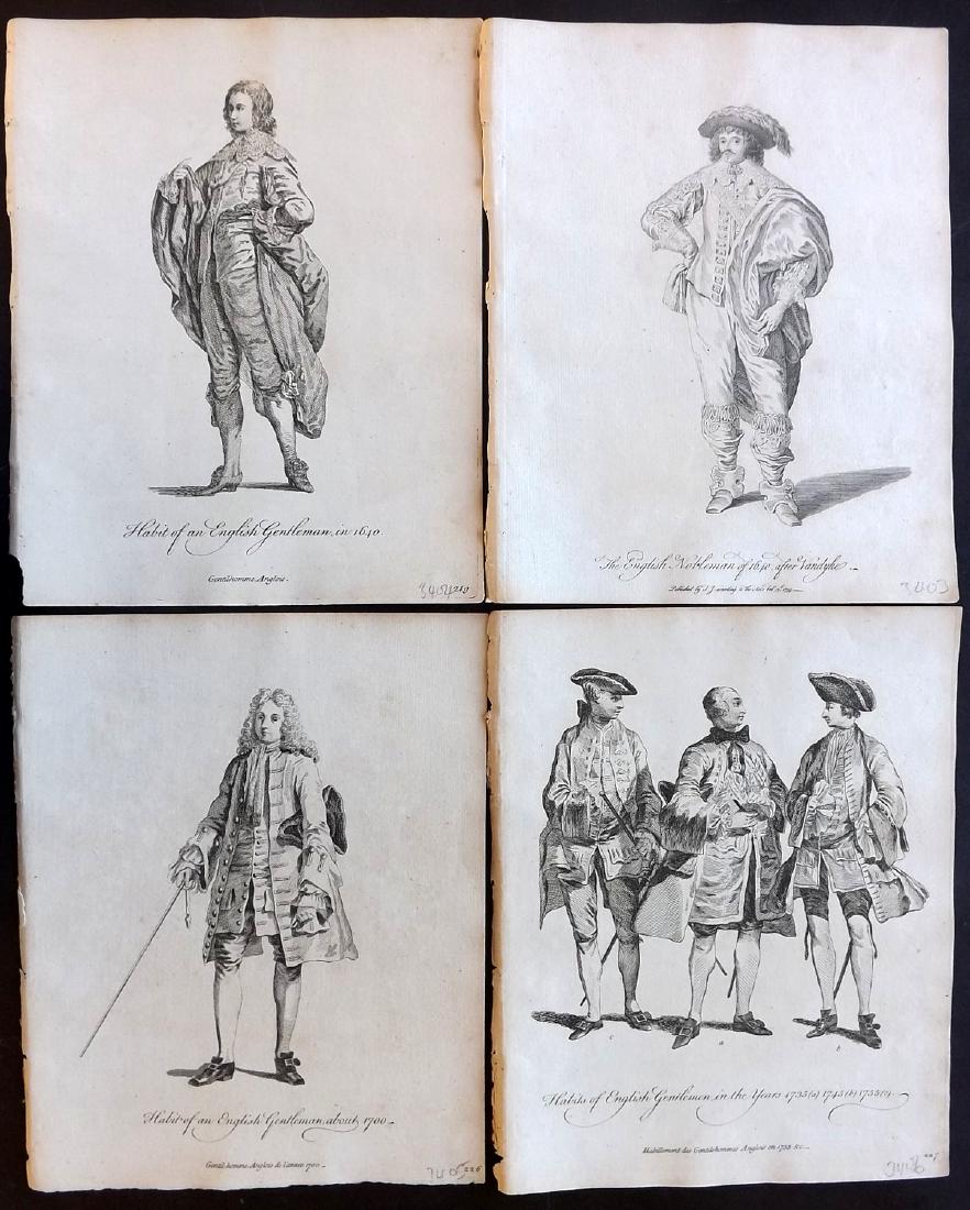 Jefferys, Thomas C1760 Lot of 4 British Costume Prints: Copper Plates Published 1757-72, London for "Collection of the Dresses of Different Nations, Antient and Modern" by Thomas Jefferys. Illustrated after Holbein, Van Dyck, Hollar and others. Paper Size: