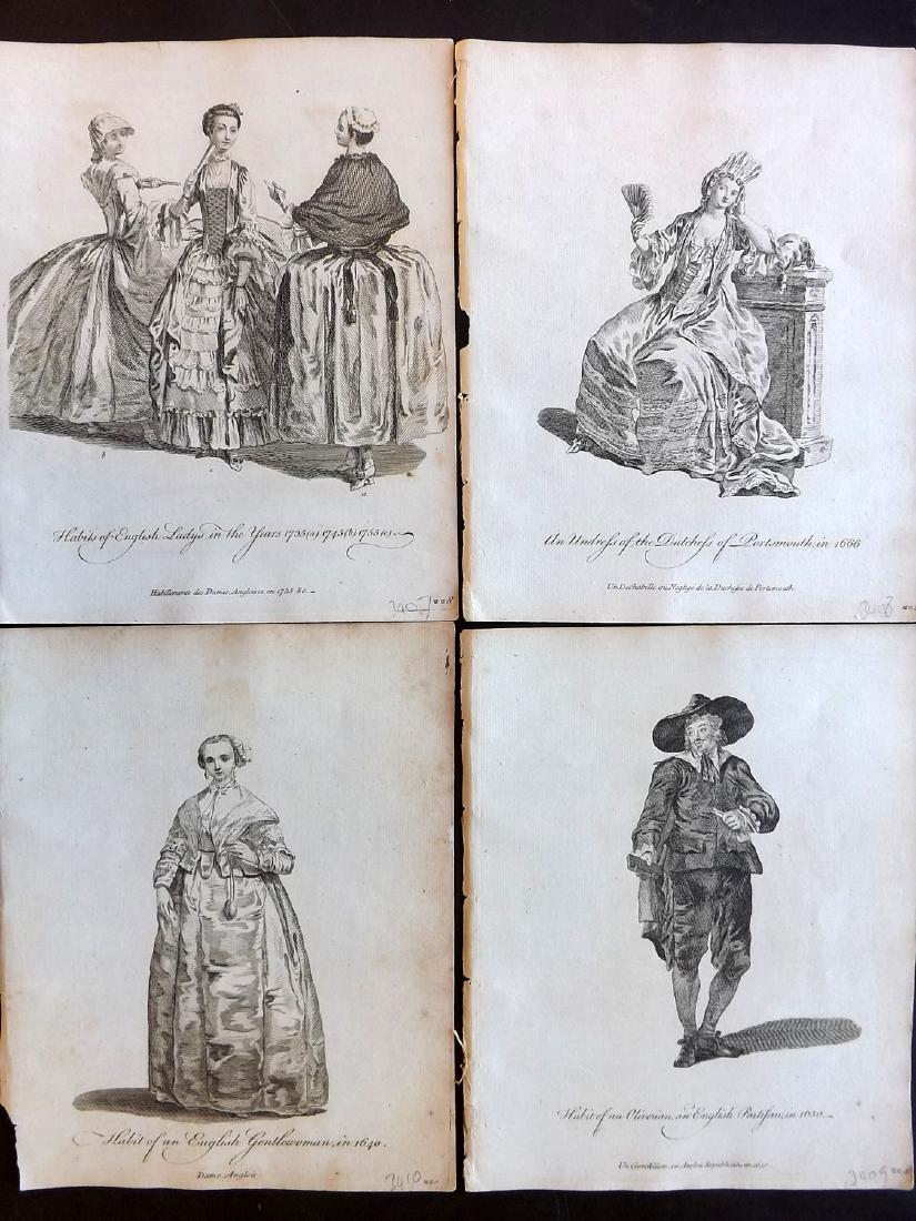 Jefferys, Thomas C1760 Lot of 4 British Costume Prints: Copper Plates Published 1757-72, London for "Collection of the Dresses of Different Nations, Antient and Modern" by Thomas Jefferys. Illustrated after Holbein, Van Dyck, Hollar and others. Paper Size: