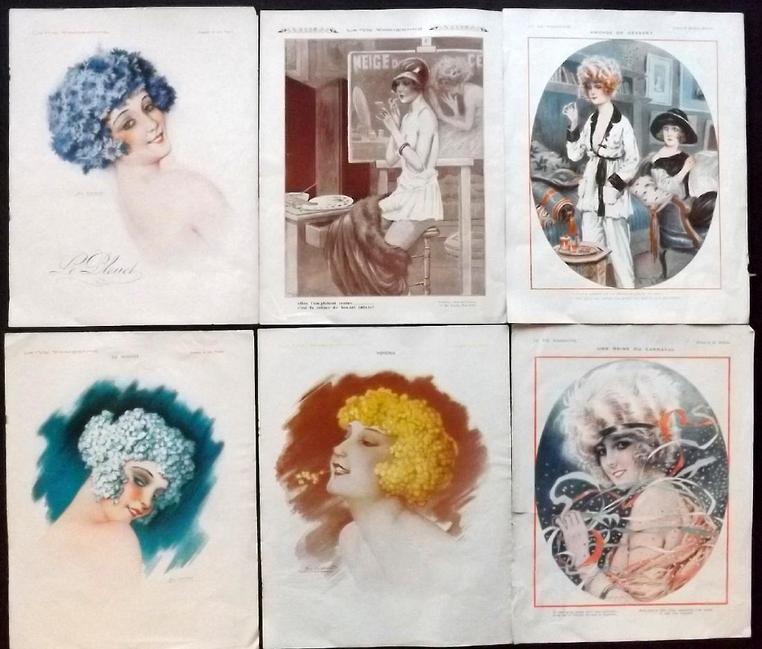 La Vie Parisienne C1920 Lot of 6 Art Deco Double Prints: Lithographs Published Paris, C1920 for "La Vie Parisienne" Illustrated by Lissac, Vallet, Valee, Prejelan, Georges Léonnec and others. Verso text, but none showing through front side. Minor staple ho