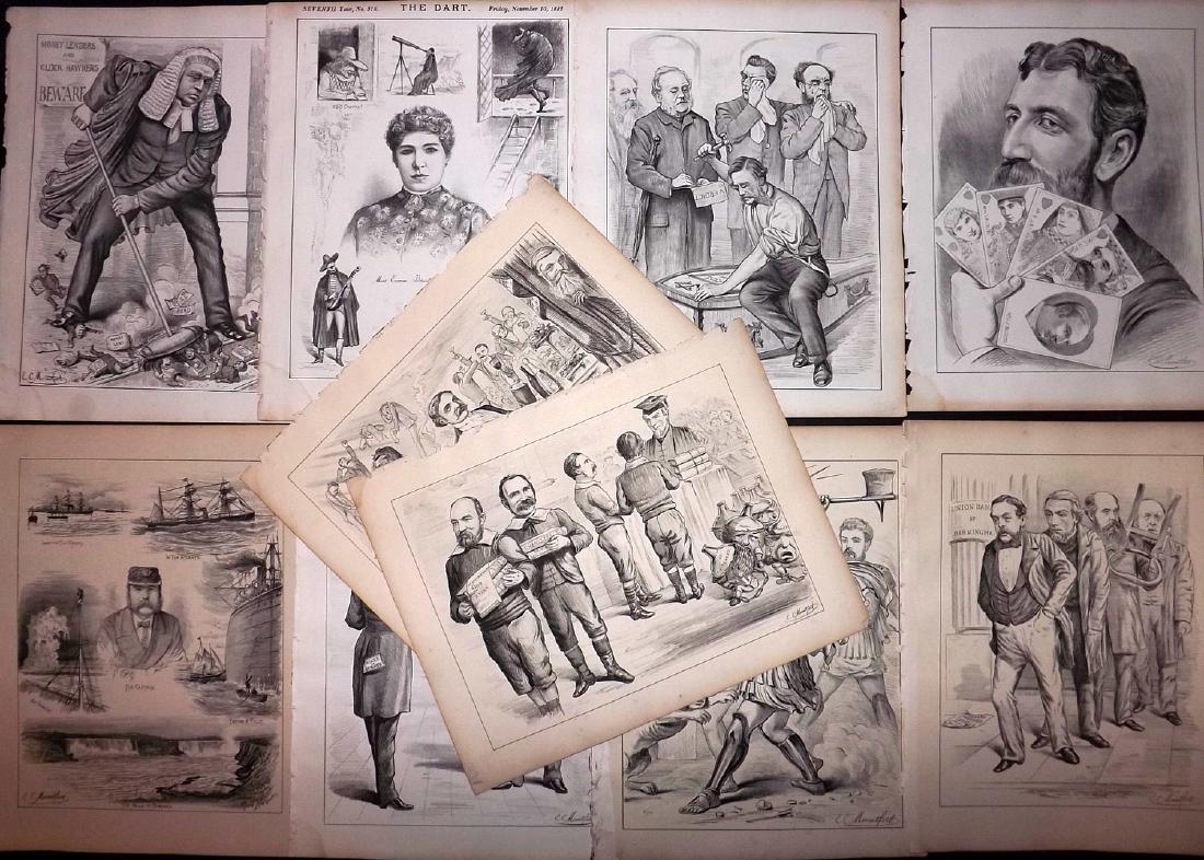 Mountfort, E. C. 1880s - 10 Political Cartoons from: Lithograph Published 1876-1911, Birmingham for "The Dart" Also titled "Birmingham Pictorial and Dart" and "Dart and Midland Figaro" Illustrated by E. C. Mountfort. Proof before letters. Rare. Paper Si