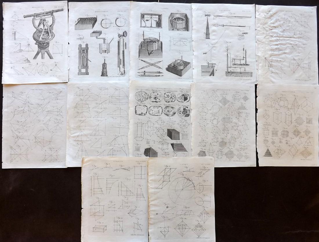 Encyclopaedia Britannica 1797 Lot of 12 Science Prints: Incl Compass, Electricity, Conic Sections, Hydrodynamics, Mensuration, Fluxions, Dynamics and Crystallization. Copper Plates Published 1787-97, Edinburgh for "Encyclopaedia Britannica" Edited by Colin