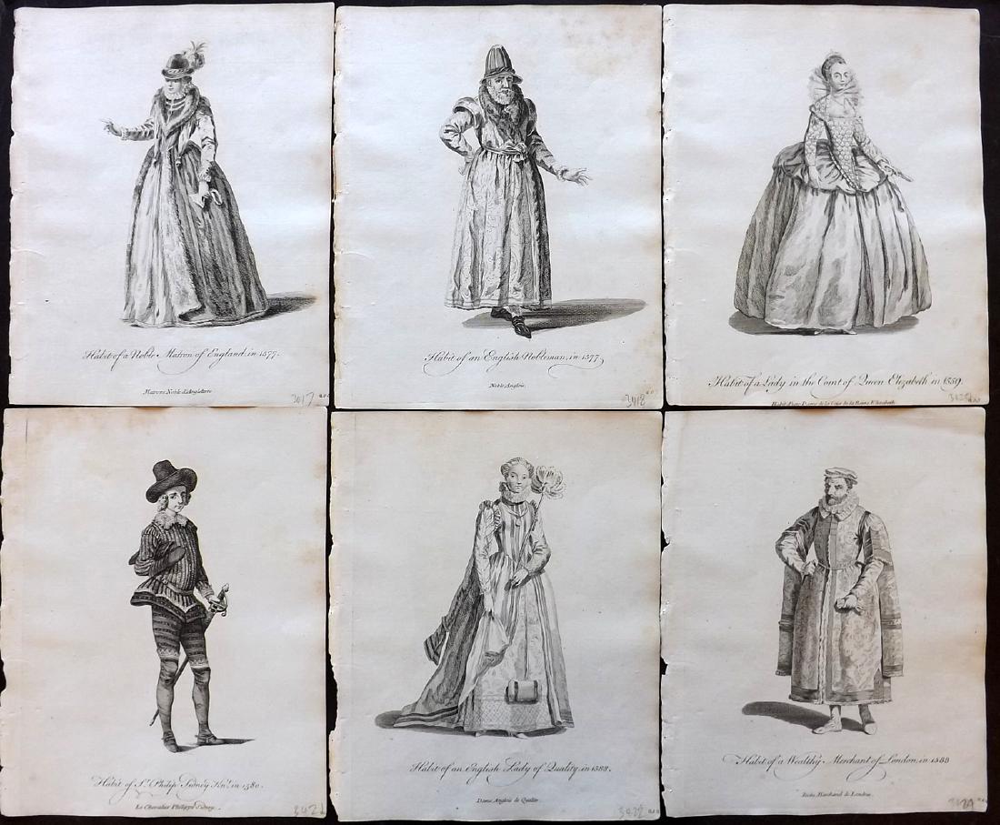 Jefferys, Thomas C1760 Lot of 6 British Costume Prints: Copper Plates Published 1757-72, London for "Collection of the Dresses of Different Nations, Antient and Modern" by Thomas Jefferys. Illustrated after Holbein, Van Dyck, Hollar and others. Paper Size: