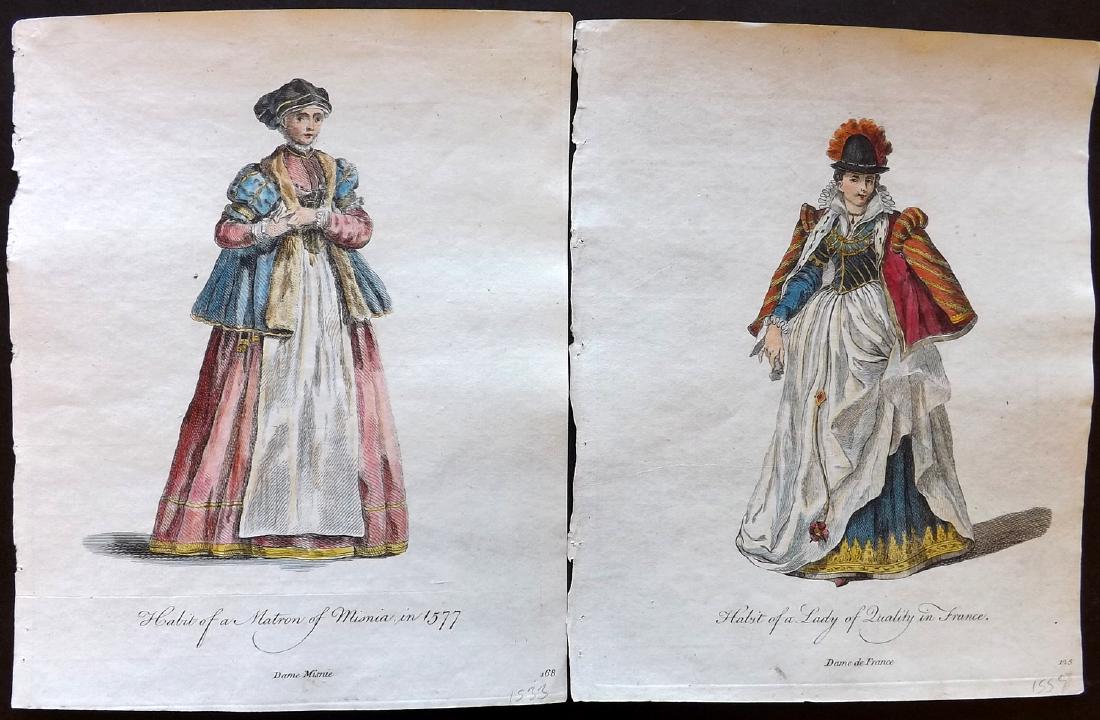 Jefferys, Thomas C1760 Pair HC Costume. Germany France: Hand Coloured Copper Plates Published 1757-72, London for "Collection of the Dresses of Different Nations, Antient and Modern" by Thomas Jefferys. Illustrated after Holbein, Van Dyck, Hollar and other