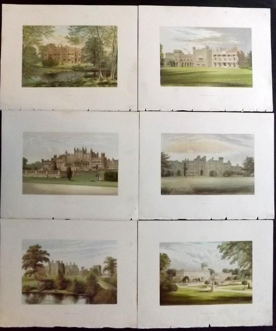 Morris Seats C1870 Lot of 6 Colour Woodblock Views: Color Printed Woodblock Published 1866-1880 by William Mckenzie, London for "Picturesque Views of Seats of Noblemen and Gentlemen of Great Britain and Ireland" by the Rev. F. O. Morris. Printed by Ben