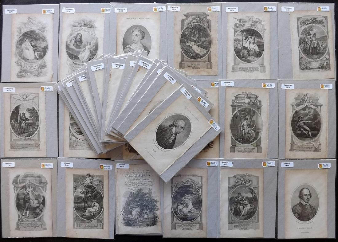 Classical Engravings C1794 Lot of 29. Poetry, Romantic: Copper Plates Published C1794, London for "Cooke's Pocket Edition of Select British Poets" by Charles Cooke. All mounted (Can be removed) Paper Size: 5.5 x 3.5 inch (14 x 9cm) Good condition