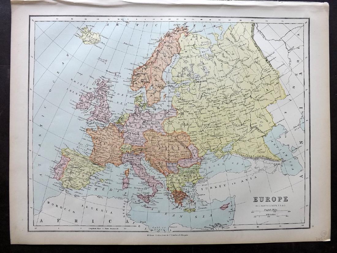 Bryce, James 1881 Map of Europe: Lithograph Map Published 1881, London for ""The International Atlas and Geography..." by James Bryce. Maps by Edward Weller & John Bartholomew. Uncommon. Paper Size: 18 x 13 inch (46 x 33cm) Good Cond