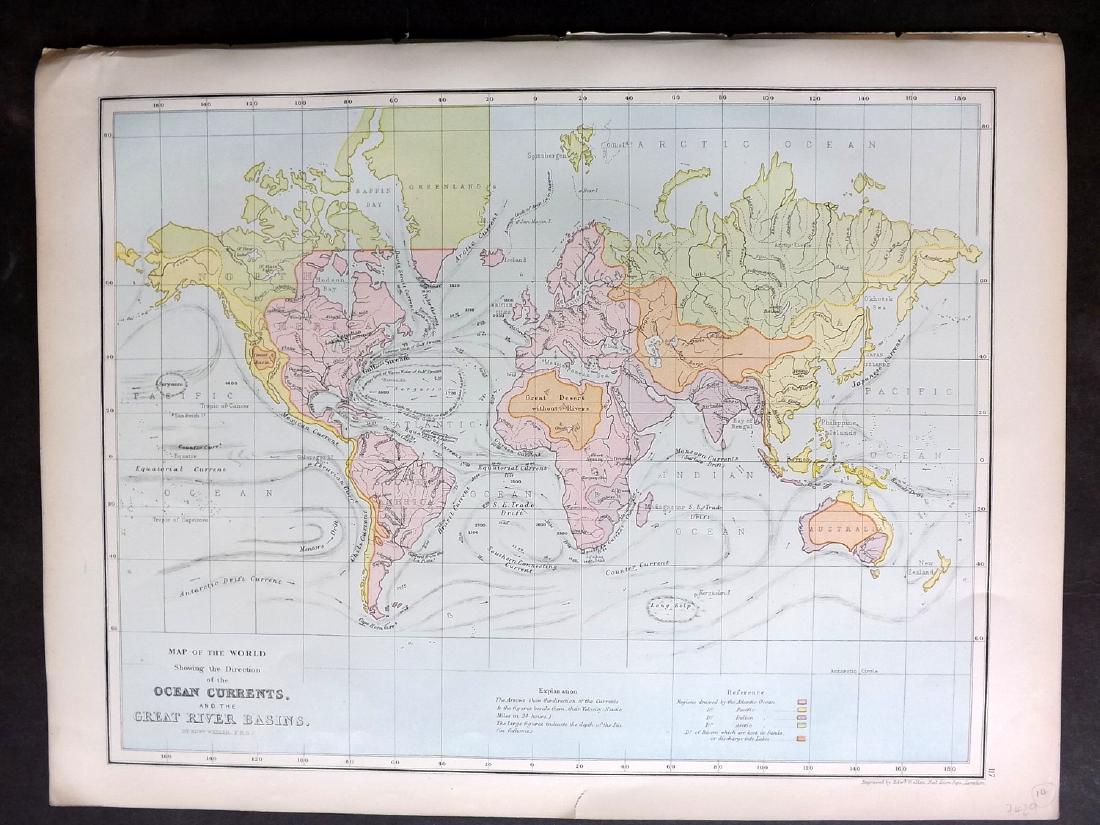 Bryce, James 1881 Map of World Ocean Currents: Lithograph Map Published 1881, London for ""The International Atlas and Geography..." by James Bryce. Maps by Edward Weller & John Bartholomew. Uncommon. Paper Size: 18 x 13 inch (46 x 33cm) Good Cond