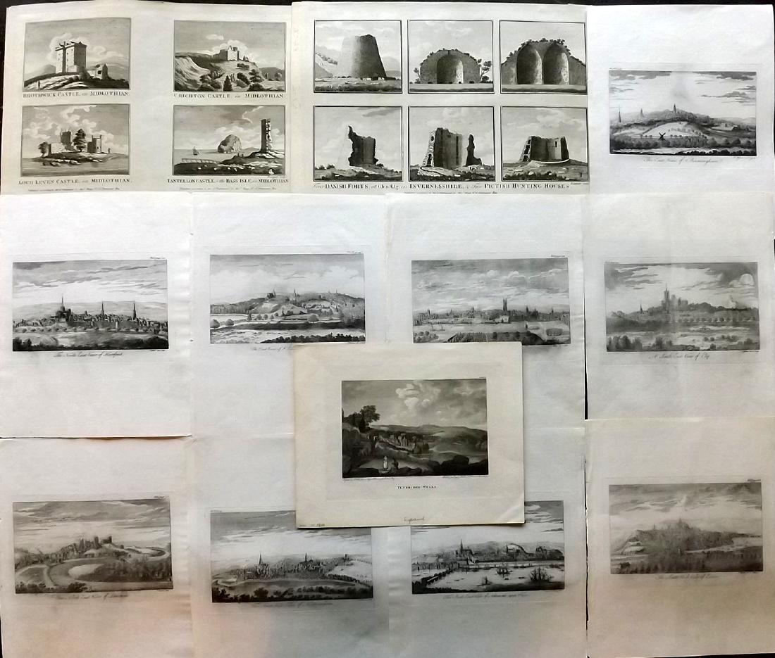 British Views 18th Century Lot of 13 Copper Plates: Incl Tunbrige Wells, Exeter, Ely, Newcastle, Derby, Bury St. Edmunds, Birmingham, Lancaster, Hereford, Inverness and Midlothian. Examples by Ryland, Boswell, and Walker. Paper Size: Up to 14 x 9.5 inc