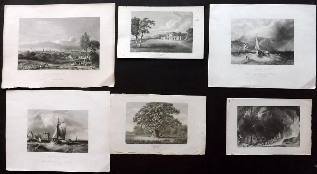 British Views 19th Century Lot of 6 Engravings: Copper and Steel Engravings. Incl Wiltshire, Yorkshire, Staffordshire, Eden Dean, and Manchester. Examples by Fisher/Pickering, Bentley, Allom, Chambers and Beauties of England and Wales. Paper Size: 