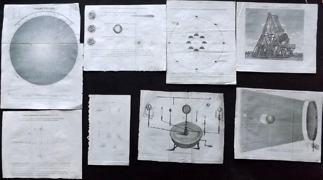 Astronomy, Celestial 1821 Lot of 8 Copper Plates: Copper Plates Published 1821, London for "The Wonders of the Heavens Displayed, in Twenty Lectures" by Richard Phillips. Folds as issued. Paper Size: Up to 10.5 x 8.5 inch (27 x20cm) Good condition ov