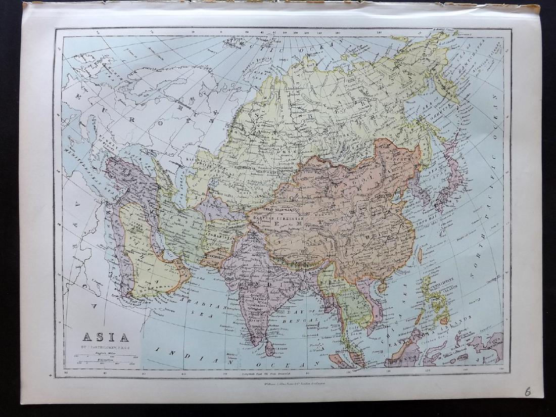 Bryce, James 1881 Map of Asia by Bartholomew: Lithograph Map Published 1881, London for ""The International Atlas and Geography..." by James Bryce. Maps by Edward Weller & John Bartholomew. Uncommon. Paper Size: 18 x 13 inch (46 x 33cm) Good Cond