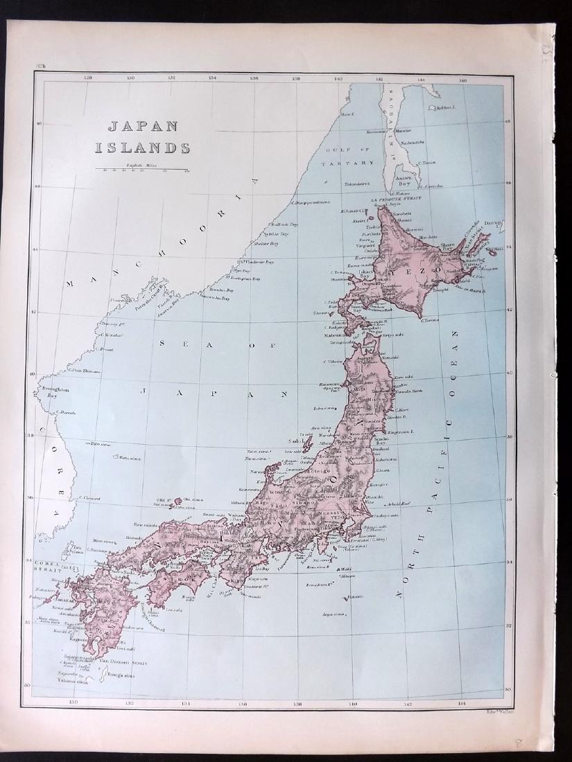 Bryce, James 1881 Map of Japan by Weller: Lithograph Map Published 1881, London for ""The International Atlas and Geography..." by James Bryce. Maps by Edward Weller & John Bartholomew. Uncommon. Paper Size: 18 x 13 inch (46 x 33cm) Good Cond