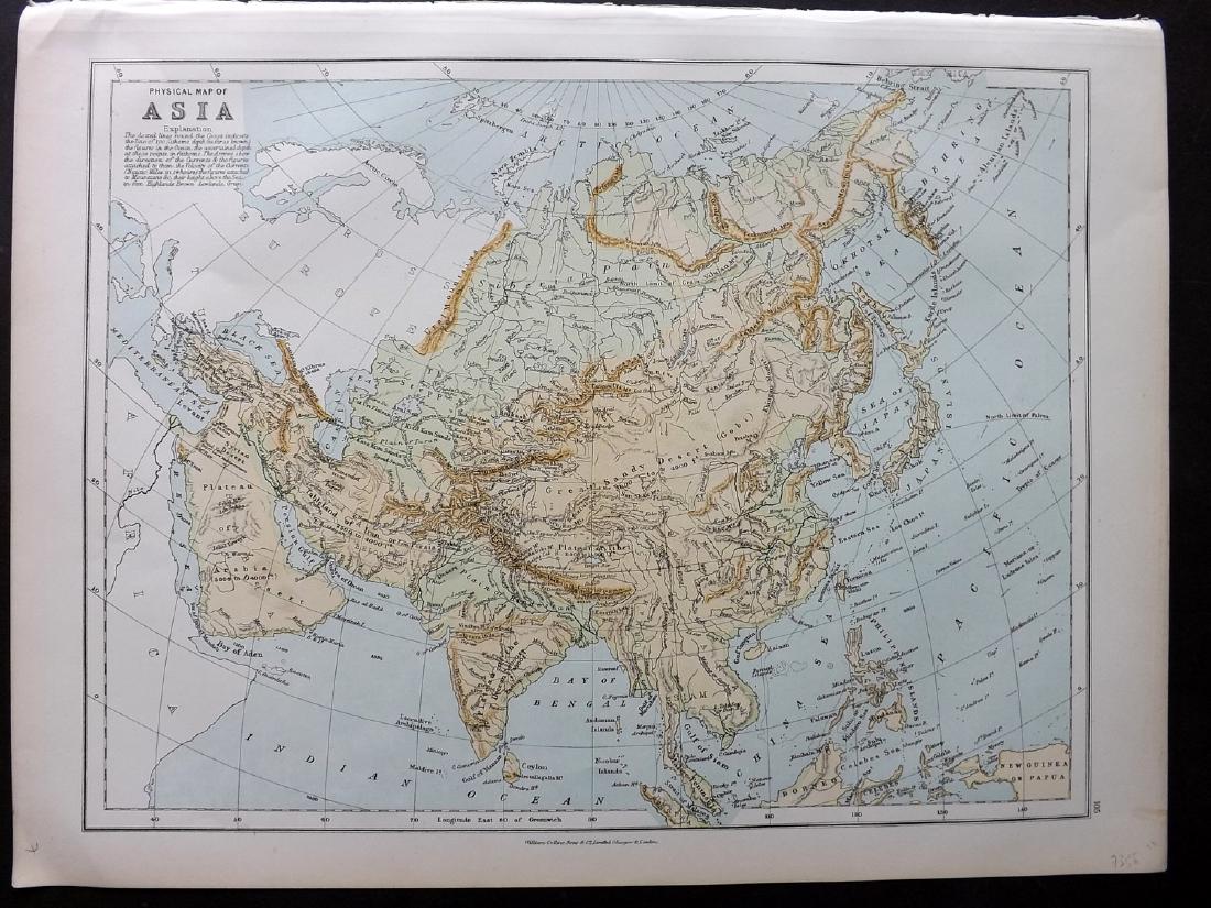 Bryce, James 1881 Physical Map of Asia: Lithograph Map Published 1881, London for ""The International Atlas and Geography..." by James Bryce. Maps by Edward Weller & John Bartholomew. Uncommon. Paper Size: 18 x 13 inch (46 x 33cm) Good Cond