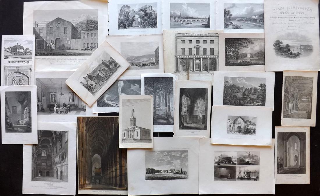 British Views 18th-19th Century Lot of 24 Prints: Copper and Steel Engravings, plus one hand colorued Aquatint. Incl Devon, Staffs, Flintshire, Sussex, Wilts, Scotland, Newcastle, London, Surrey, Manchester, Kent, Wales etc. Examples by Ackermann, Be