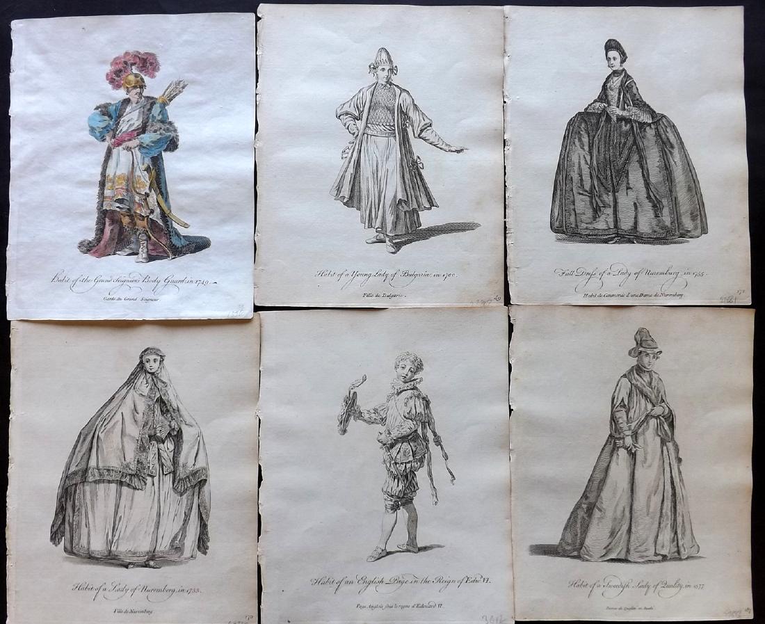 Jefferys, Thomas C1760 Lot of 6 Costume Prints: One with hand colour. Incl Turkey, Bulgaria, Germany, Sweden and England. Copper Plates Published 1757-72, London for "Collection of the Dresses of Different Nations, Antient and Modern" by Thomas Jef