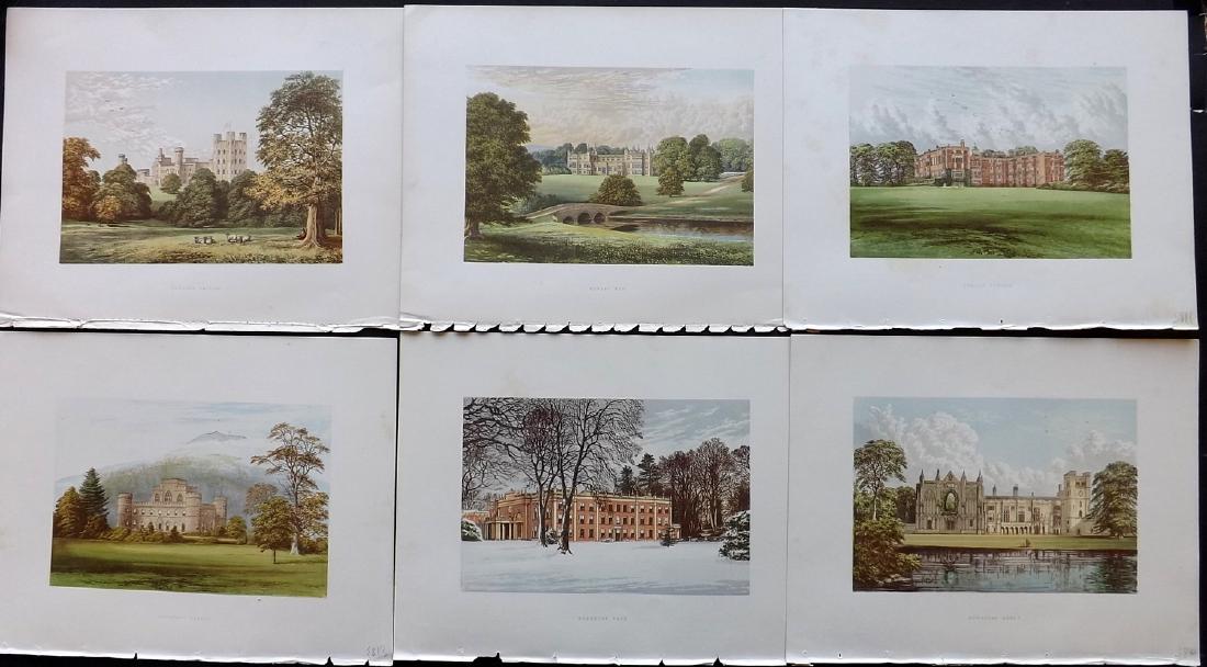 Morris Seats C1870 Lot of 6 Colour Woodblock Views: Color Printed Woodblock Published 1866-1880 by William Mckenzie, London for "Picturesque Views of Seats of Noblemen and Gentlemen of Great Britain and Ireland" by the Rev. F. O. Morris. Printed by Ben