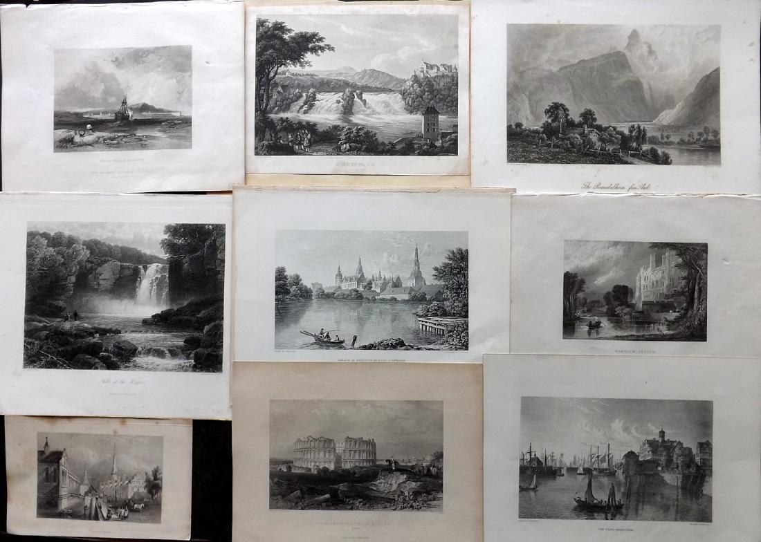 World Views C1830-80 Lot of 9 Steel Engravings: Incl UK, Denmark, Tunisia, Germany and Norway. Examples by Voyages and Travels, Picturesque Europe, Wright and others. Paper Size: Up to 13 x 10 inch (33 x 25cm) Minor toning in parts. Good Condition