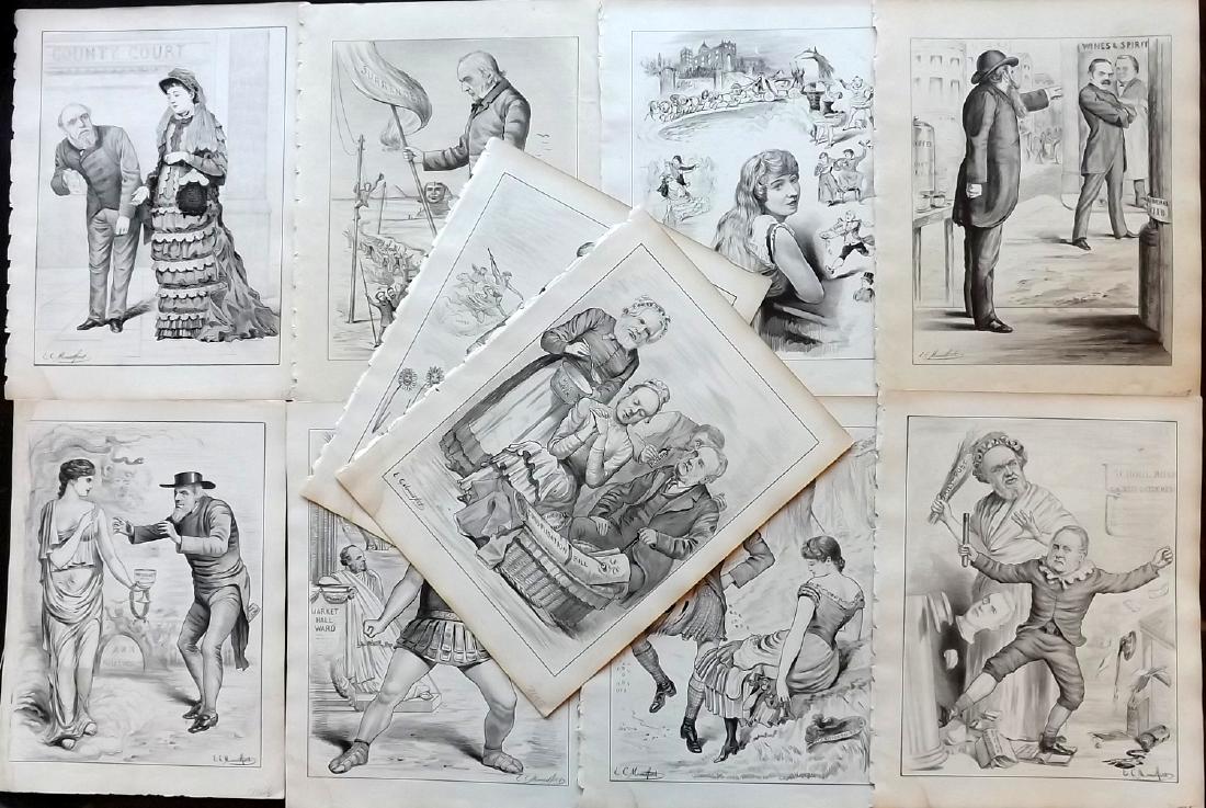 Mountfort - The Dart 1880's Lot 10 Political Cartoons: Lithographs Published 1876-1911, Birmingham for "The Dart" Also titled "Birmingham Pictorial and Dart" and "Dart and Midland Figaro" Illustrated by E. C. Mountfort. Proof before letters. Rare. Paper S