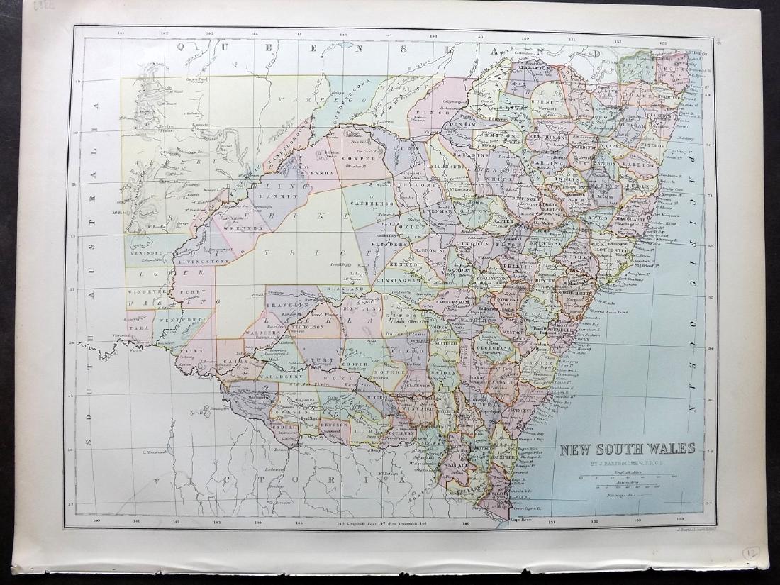 Bryce, James 1881 Map of New South Wales, Australia: Lithograph Map Published 1881, London for ""The International Atlas and Geography..." by James Bryce. Maps by Edward Weller & John Bartholomew. Uncommon. Paper Size: 18 x 13 inch (46 x 33cm) Good Cond