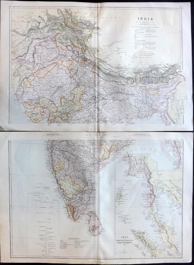India 1882 Pair of Maps by Blackie: Lithograph Maps Published 1882 by Blackie & Son, London for "The Comprehensive Atlas & Geography of the World" by W. G. Blackie. Paper Size: 22 x 15 inch (56 x 38cm) Small margin tear to one. Good con