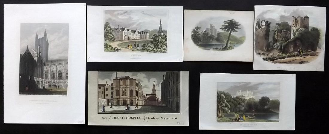 British Hand Coloured Views 1777-C1850 Lot of 6: Lot of 6 Hand Coloured Engravings, and one Litho. Incl London, Northants, Leicester, Invergarry & Ragland Castle, and Canterbury. Examples by Winkles, Dugdale, Banks and George Rowe. Paper Size: Up to