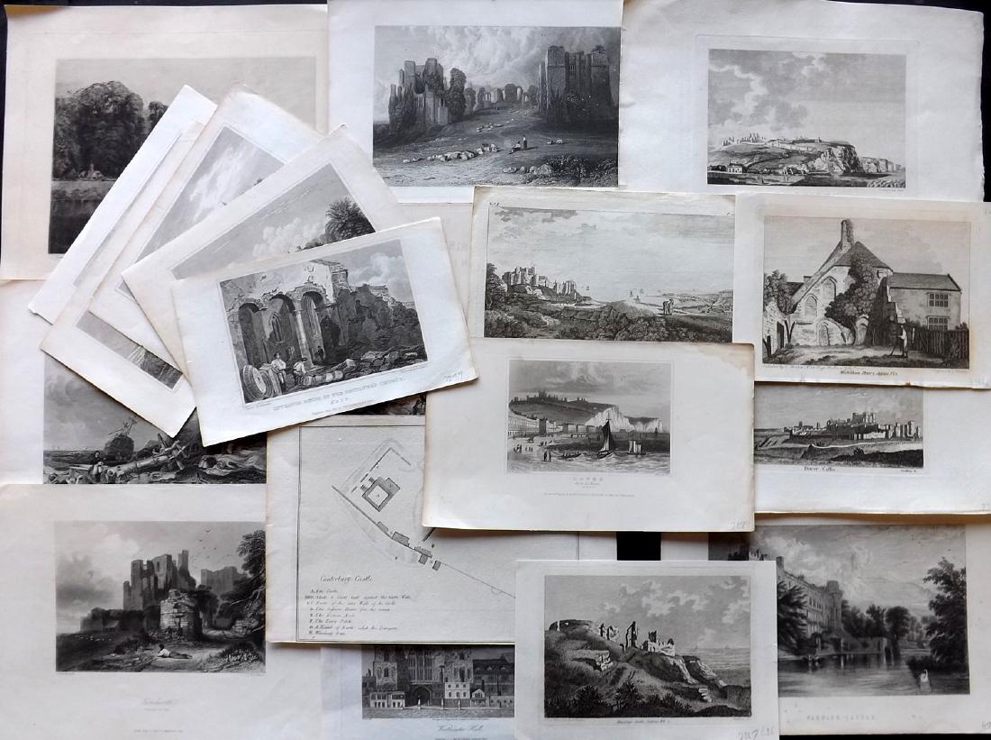 British Views 18th-19th Century Lot of 18 Prints: Copper and Steel Engravings. Incl London, Kent, Sussex, Tynemouth, Kenilworth, Warwick, and Cliveden. Examples by Lambert, Grose, Dugdale, Langford, Seymour/Murray, Payne, Finden and others. Paper Siz