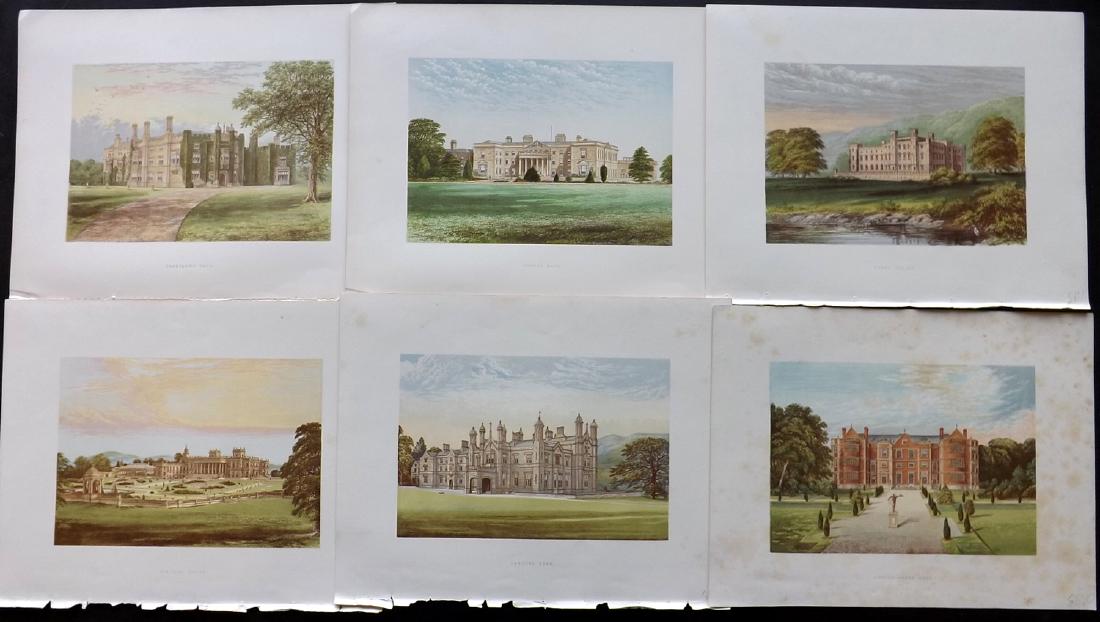 Morris Seats C1870 Lot of 6 Colour Woodblock Views: Color Printed Woodblock Published 1866-1880 by William Mckenzie, London for "Picturesque Views of Seats of Noblemen and Gentlemen of Great Britain and Ireland" by the Rev. F. O. Morris. Printed by Ben