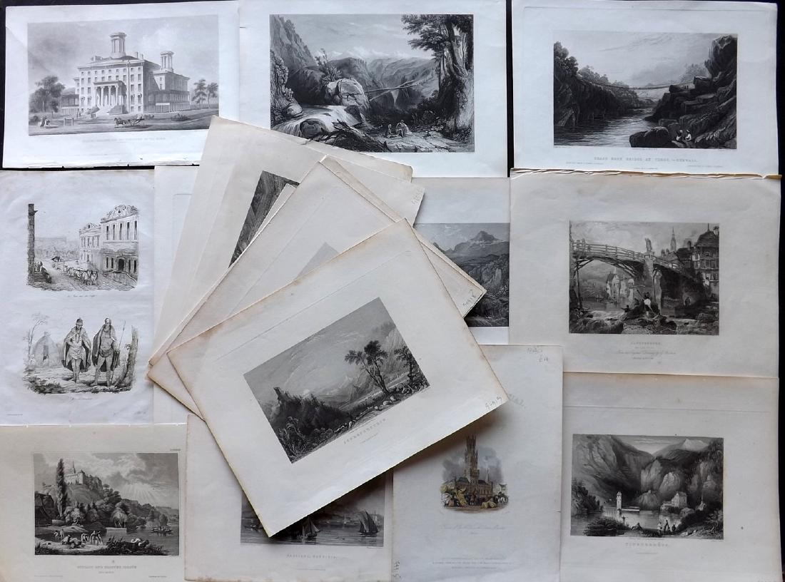 World Views 19th Century Lot of 18 Steel Engravings: Lot of 18 Steel Engravings (A couple are Etchings) Incl Italy, India, USA, South Africa, Austria, Belgium, Croatia, Germany and France. Examples by Voyage Pittoresque, Fisher, Meyer, Westall/Finden, T