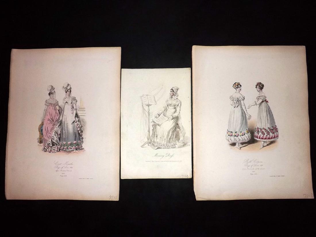 Regency Fashion Plates 19thC. Group of 3 Hand Col: Hand Coloured Copper Plate Published 1809-29 by Rudolph Ackermann, London for "The Repository of arts, literature, commerce, manufactures, fashions and politics" Together with 2 other Hand Coloured Et