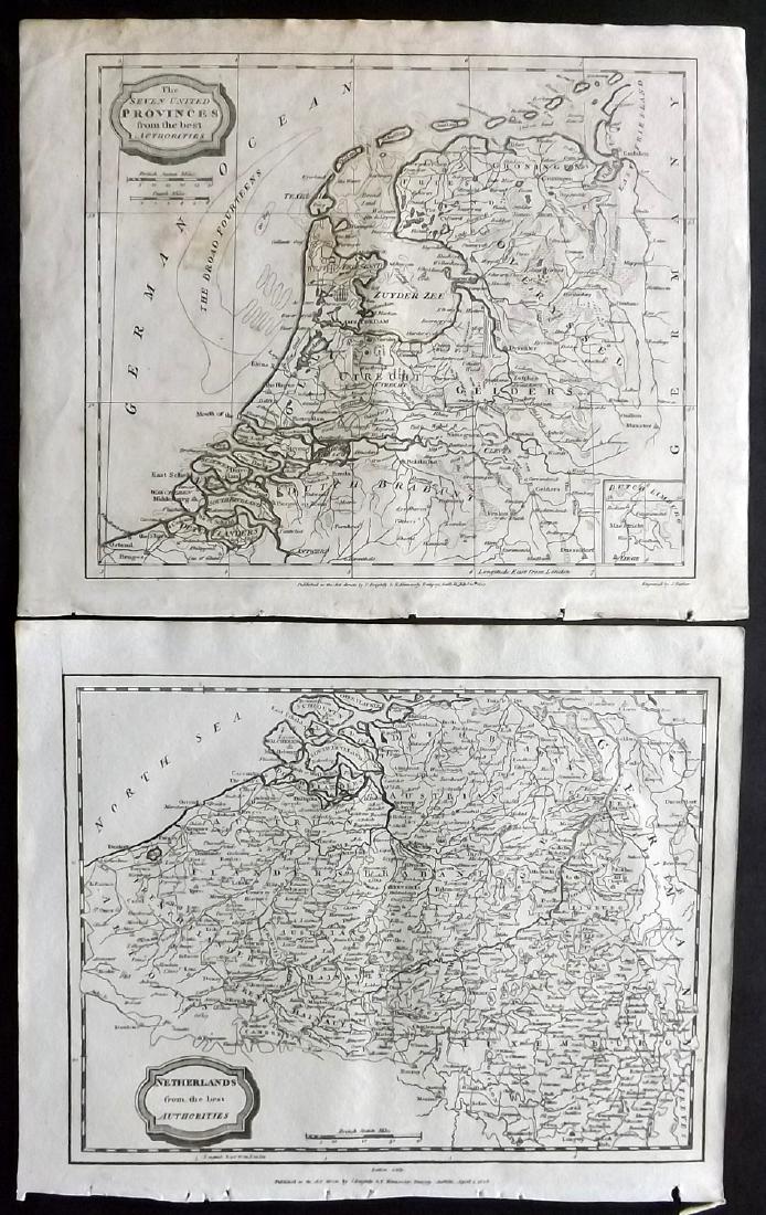 Barlow 1807 Pair of Maps of The Netherlands, Holland: "The Severn United Provinces" and "Netherlands from the best Authorities" Copper Engraved Map Published 1807 by Brightly & Kinnersley, Bungay, England for "A General View of the World, Geographical, H