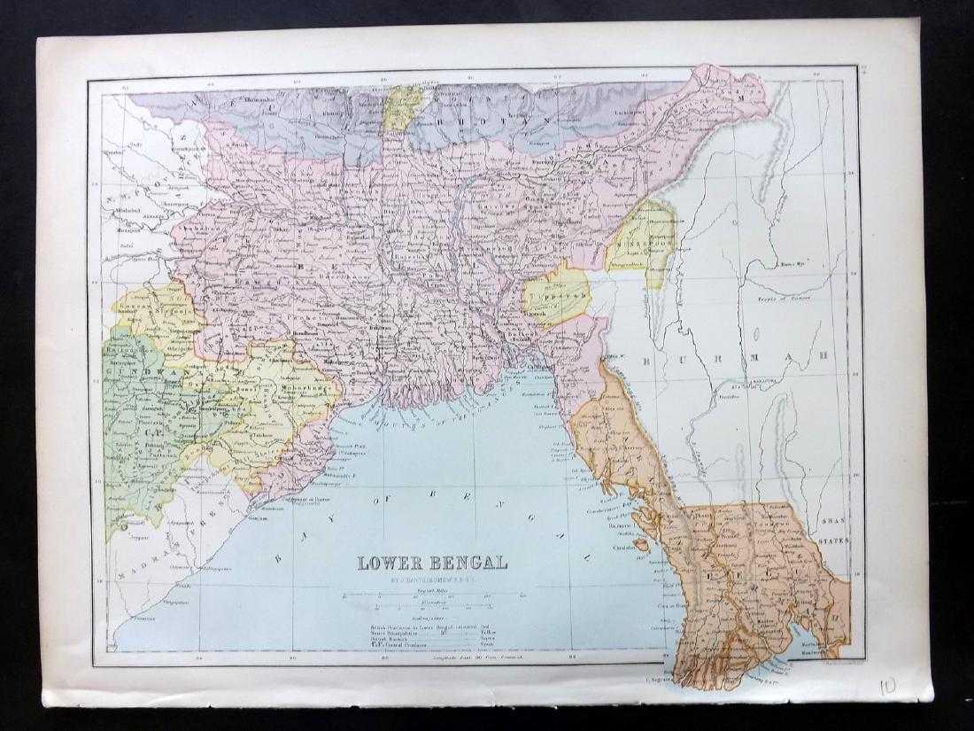Bryce, James 1881 Map of Lower Bengal, India: Lithograph Map Published 1881, London for ""The International Atlas and Geography..." by James Bryce. Maps by Edward Weller & John Bartholomew. Uncommon. Paper Size: 18 x 13 inch (46 x 33cm) Good Cond