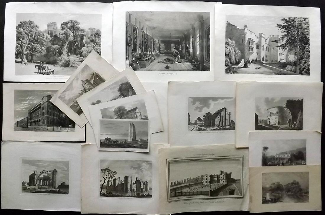 British Views 18th-19th Century Lot of 15 Prints: Lot of 15 Copper/Steel Engravings and Lithos. Incl Kent, Isle of Wight, Sussex, Northumberland, London, Cumberland, Westmoreland. Examples by Grose, W. H. Ireland/Shepherd/Gastineau, Barber, Hall & Ha