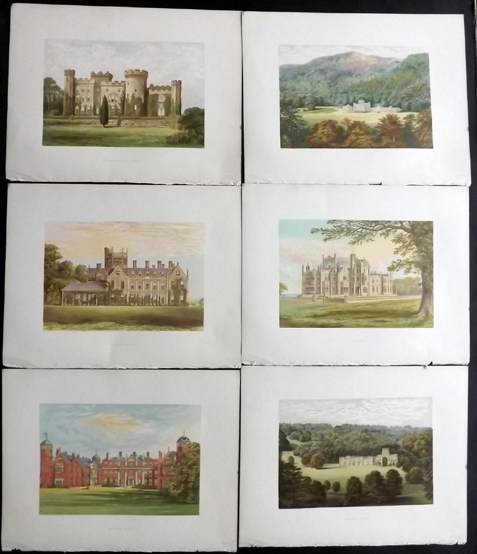 Morris Seats C1870 Lot of 6 Colour Woodblock Views: Color Printed Woodblock Published 1866-1880 by William Mckenzie, London for "Picturesque Views of Seats of Noblemen and Gentlemen of Great Britain and Ireland" by the Rev. F. O. Morris. Printed by Ben
