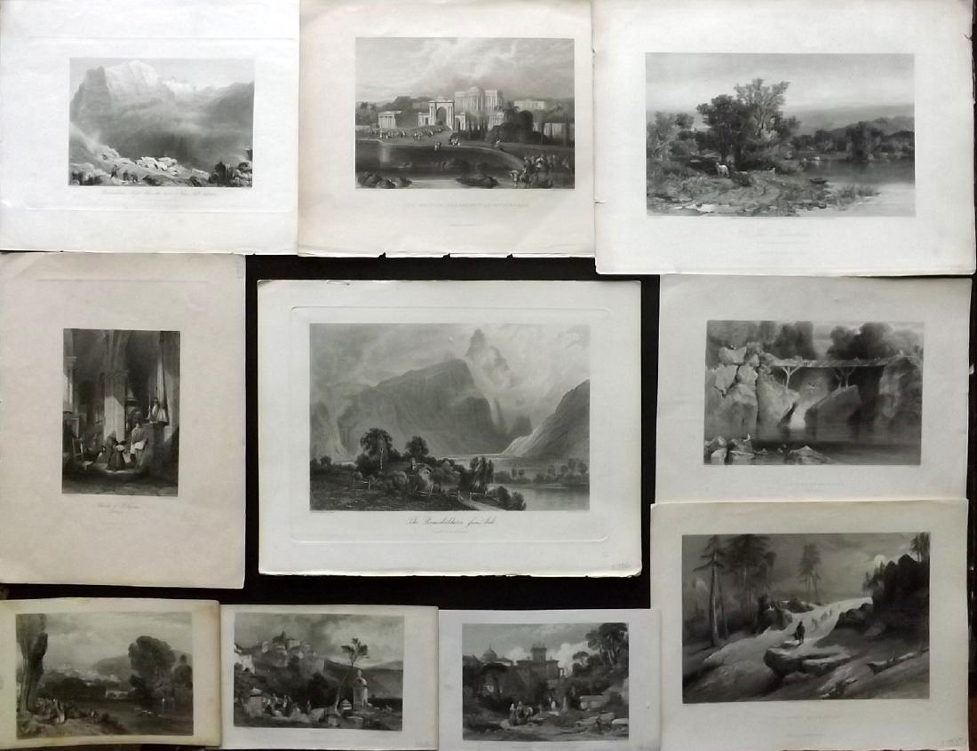 World Views 19th Cent Lot of 10 Steel Engravings: Incl India, France, Italy, USA and Norway. Examples by Picturesque Europe, Roscoe/Harding, Stanfield, Fisher, Bartlett and Picturesque America. Paper Size: Up to 12.5 x 9.5 inch (32 x 24cm) Good Condi