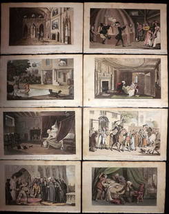 Rowlandson, Thomas 1820 Lot of 8 HC Dr. Syntax Prints: Hand Colorued Aquatints Published 1820 by R. Ackermann, London for "The Second Tour of Doctor Syntax" Illustrated by Thomas Rowlandson. Paper Size: 9 x 5.5 inch (23 x 14cm) Very minor margin toning in