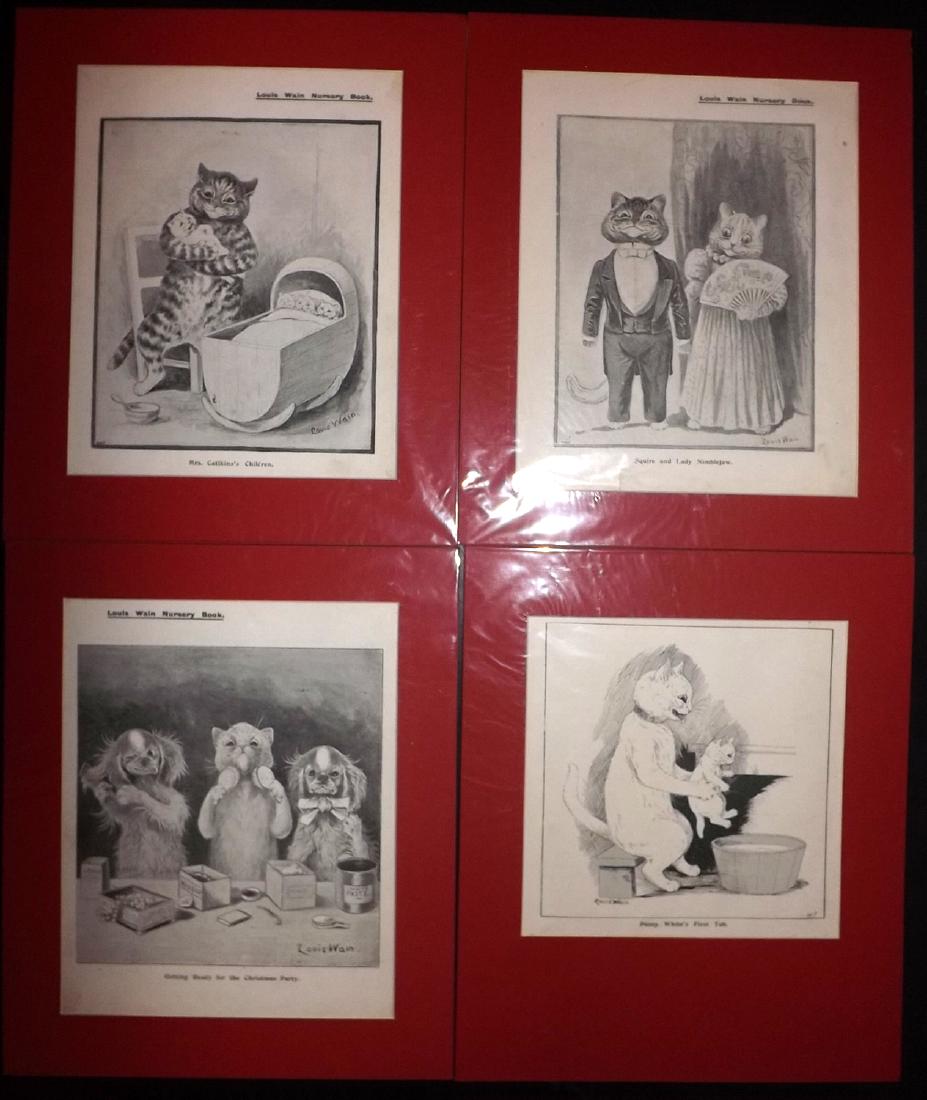 Wain, Louis 1902 Group of 4 Cat Prints, Mounted: Lithographs Published 1902, London for "The Louis Wain Nursery Book" Illustrated by Louis Wain. In Old Mounts. Overall Size: 11 x 9.5 inch (28 x 24cm) Good Condition overall