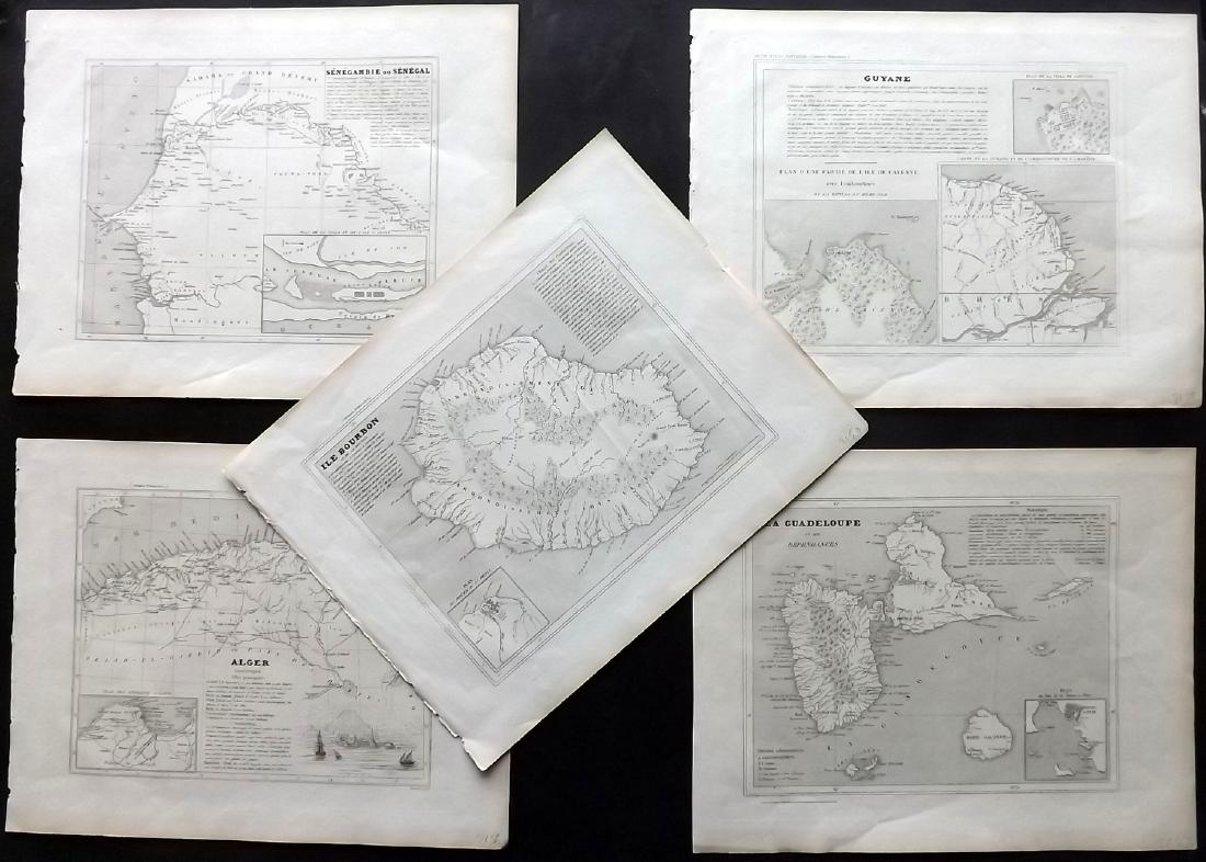 Monin, V. 1833 Lot of 5 French Colony Maps. Reunion etc: Plus Guadeloupe, Guyana, Alger, and Senegambie ou Senegal. Steel Engraved Maps Published 1833, Paris for "Petit Atlas National des départements de la France et de ses colonies" by V. Monin. Paper Siz