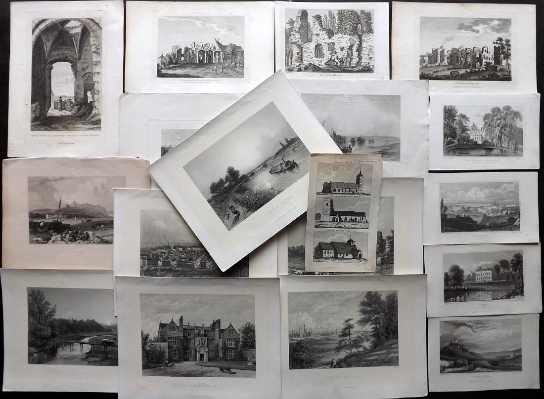 British Views 18th-19th Century Lot of 18 Engravings: Lot of 18 Copper and Steel Engravings. Examples by W. H. Ireland, Grose, Gentleman's Magazine, Finden, Melville/Fisher, and Warren. Paper Size: Up to 11.5 x 9 inch (29 x 23cm) Good condtion