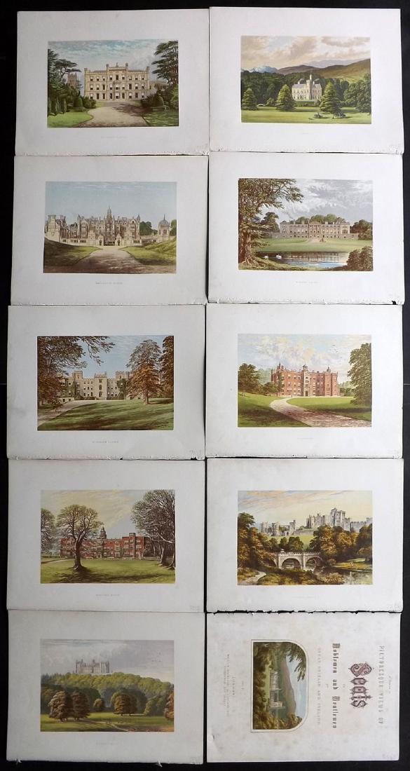 Morris Seats C1870 Lot of 10 Colour Woodblock Views: 9 Views plus Illustrated Title Page. Color Printed Woodblock Published 1866-1880 by William Mckenzie, London for "Picturesque Views of Seats of Noblemen and Gentlemen of Great Britain and Ireland" by 