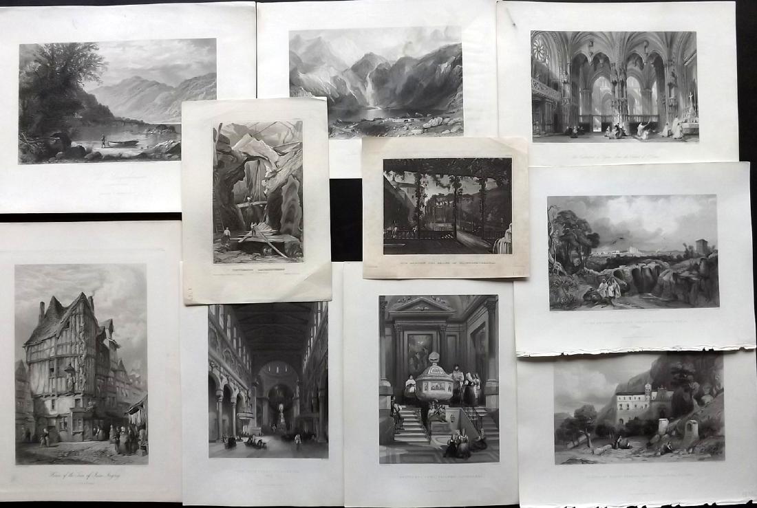 World Views 19th Cent. Lot of 10 Steel Engravings: Incl Italy, Tunisia, Crimea, Sweden, France and USA. Examples by Picturesque Europe, Picturesque America, Allom's France Illustrated, Wright's Shore's and Islands of the Mediterranean, and Meyer's Uni