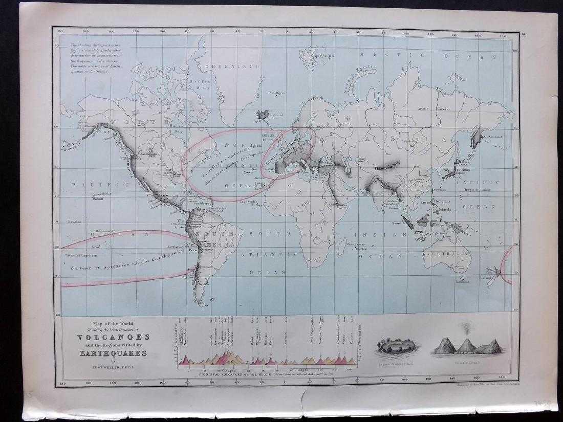 Bryce, James 1881 Map of the World's Volcanoes. Weller: And the regions visited by Earthquakes. Lithograph Map Published 1881, London for ""The International Atlas and Geography..." by James Bryce. Maps by Edward Weller & John Bartholomew. Uncommon. Paper