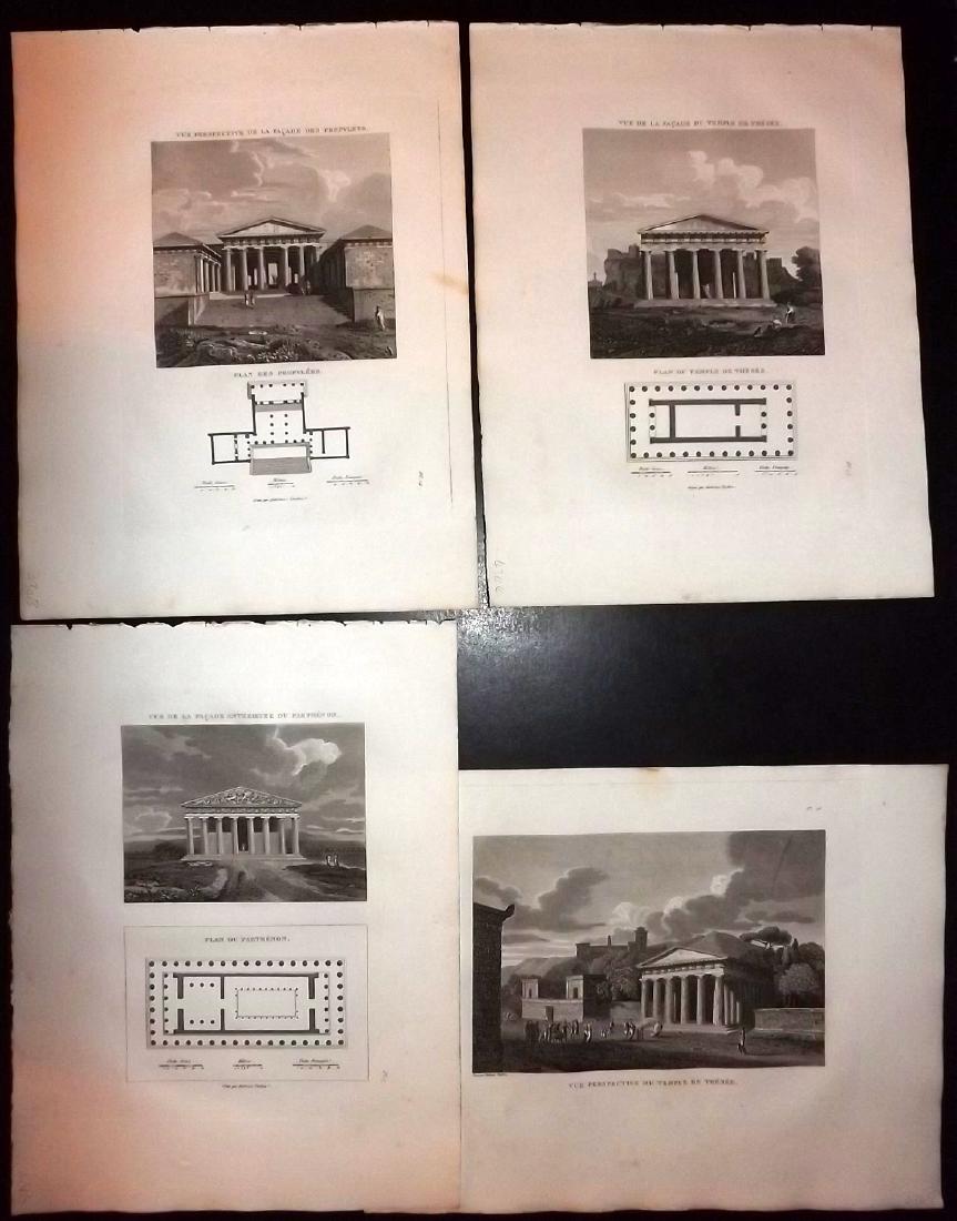 Greece 1824 Lot of 4 Views by Barthelemy. Parthenon etc: Copper Plates Published 1824, Paris for "Voyage du Jeune Anacharsis en Grece" by Jean Jacques Barthelemy. Outline hand colour. Paper Size: 13.5 x 10 inch (34 x 25cm) Occasional margin toning. Good Con