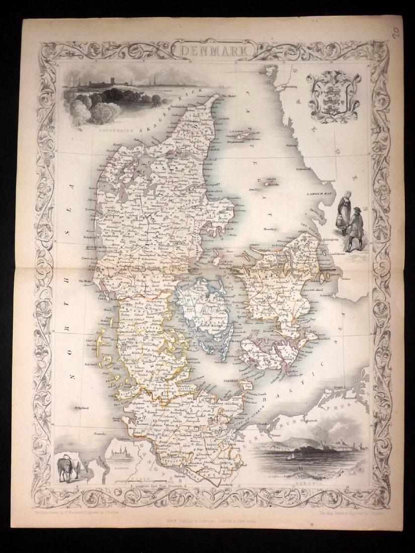 Tallis, John (Pub) 1852 Antique Map of Denmark: Steel Engraved Map Published 1852, London for "The Universal Pronouncing Dictionary" by Thomas Wright. Centre fold as issued. Paper Size: 14 x 11 inch (33 x 28cm) Good Condition
