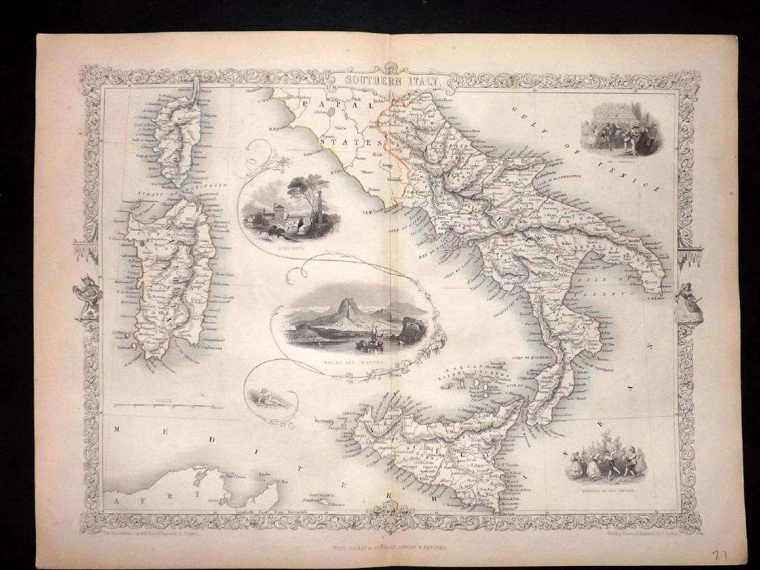 Tallis, John (Pub) 1852 Antique Map of Southern Italy: Steel Engraved Map Published 1852, London for "The Universal Pronouncing Dictionary" by Thomas Wright. Centre fold as issued. Paper Size: 14 x 11 inch (33 x 28cm) Good Condition